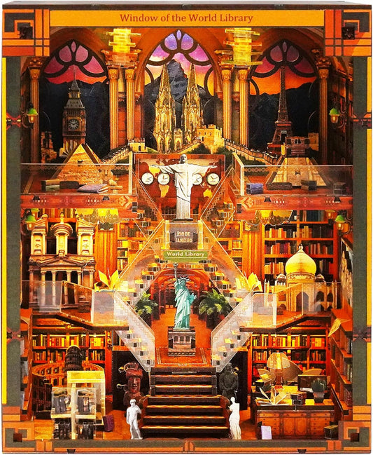 Book Nook Kits for Adults – The World Library Booknook – 3D Wooden Puzzle with LED Lights – Creative Bookshelf Insert & Educational Gift for Book Lovers & DIY Enthusiasts