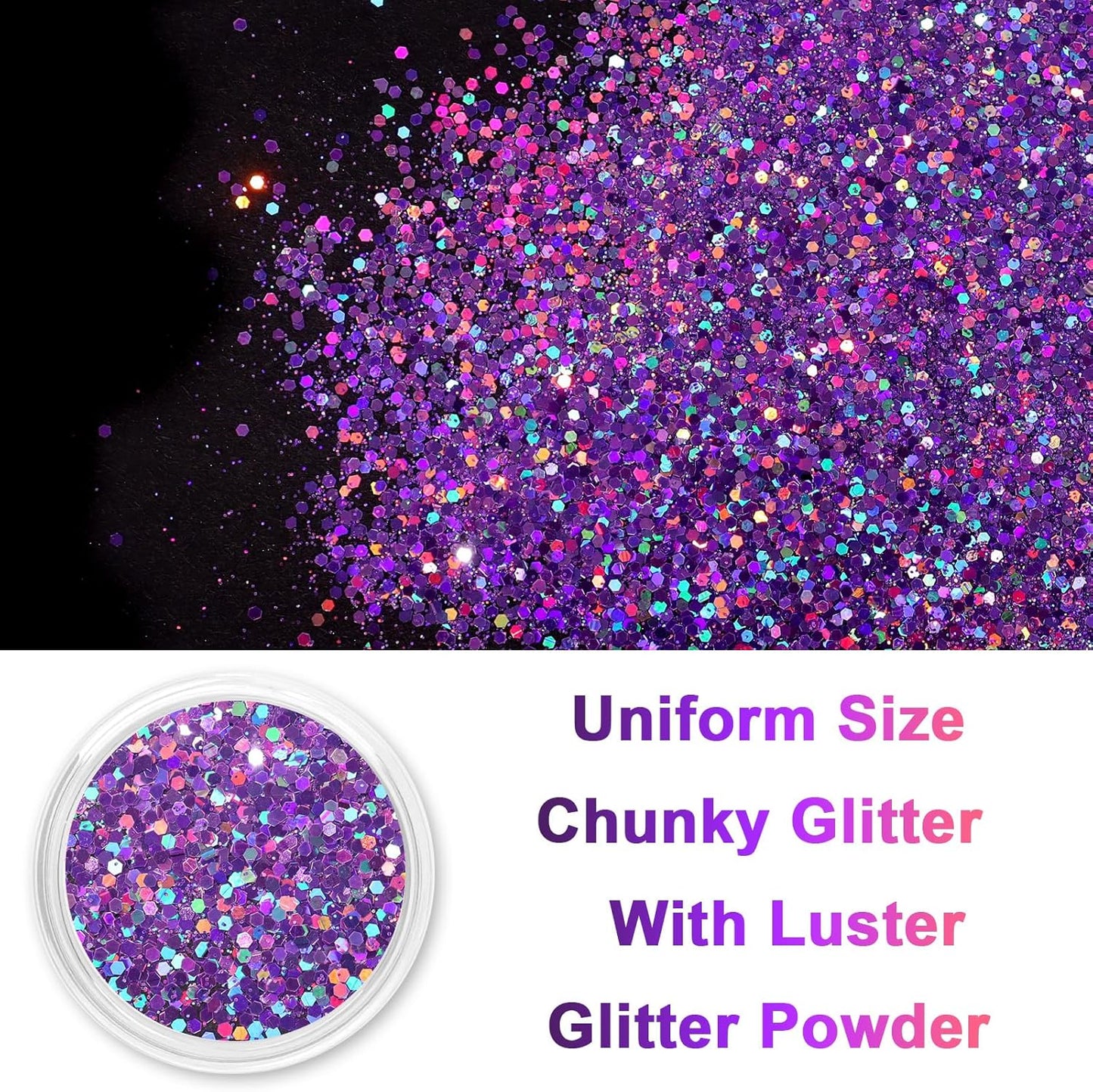 Renfio 2 Sizes Glitter, 2.11oz/60g Purple Glitter, Holographic Fine Glitter Mix Chunky Glitter for Crafts Sequins Valentines Resin Glitters PET Flakes for Nail Art Tumblers Slime - Laser Light Purple
