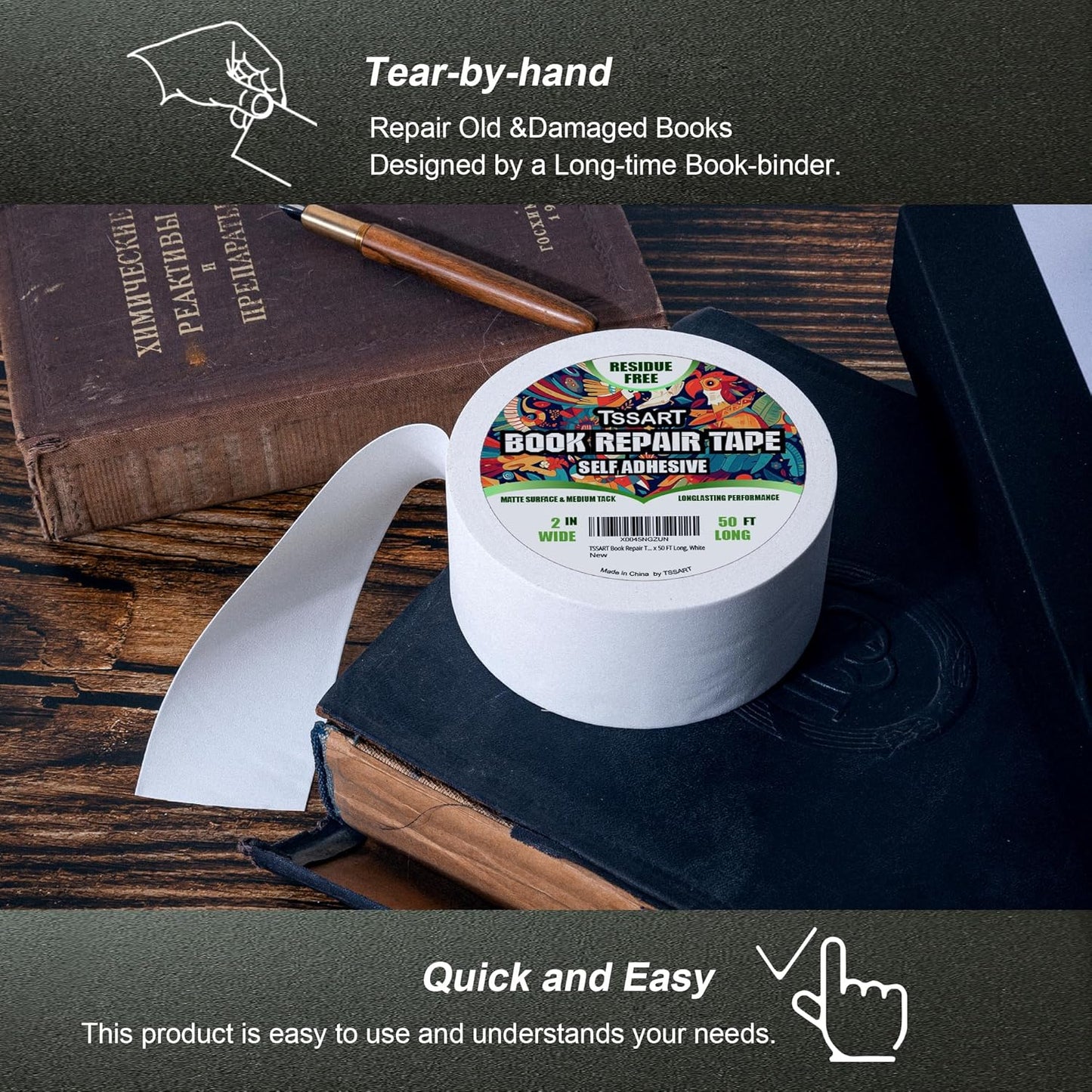 Book Repair Tape - Self Adhesive Matte Book Binding Tape for Reinforcing Protecting, and Covering Mending Books Old Books - 2 Inch Wide x 50 FT Long, White