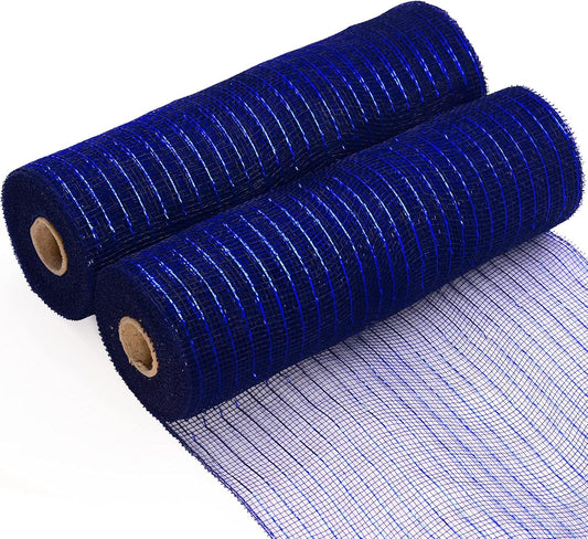 Koopi Deco Mesh 10 inch x 10 Yards Each Roll, Set of 2 Navy Blue with Blue Metallic Foil Poly Mesh Ribbons for Wreaths, Swags, Craft, Party and Decorating Supplies- 2 Rolls