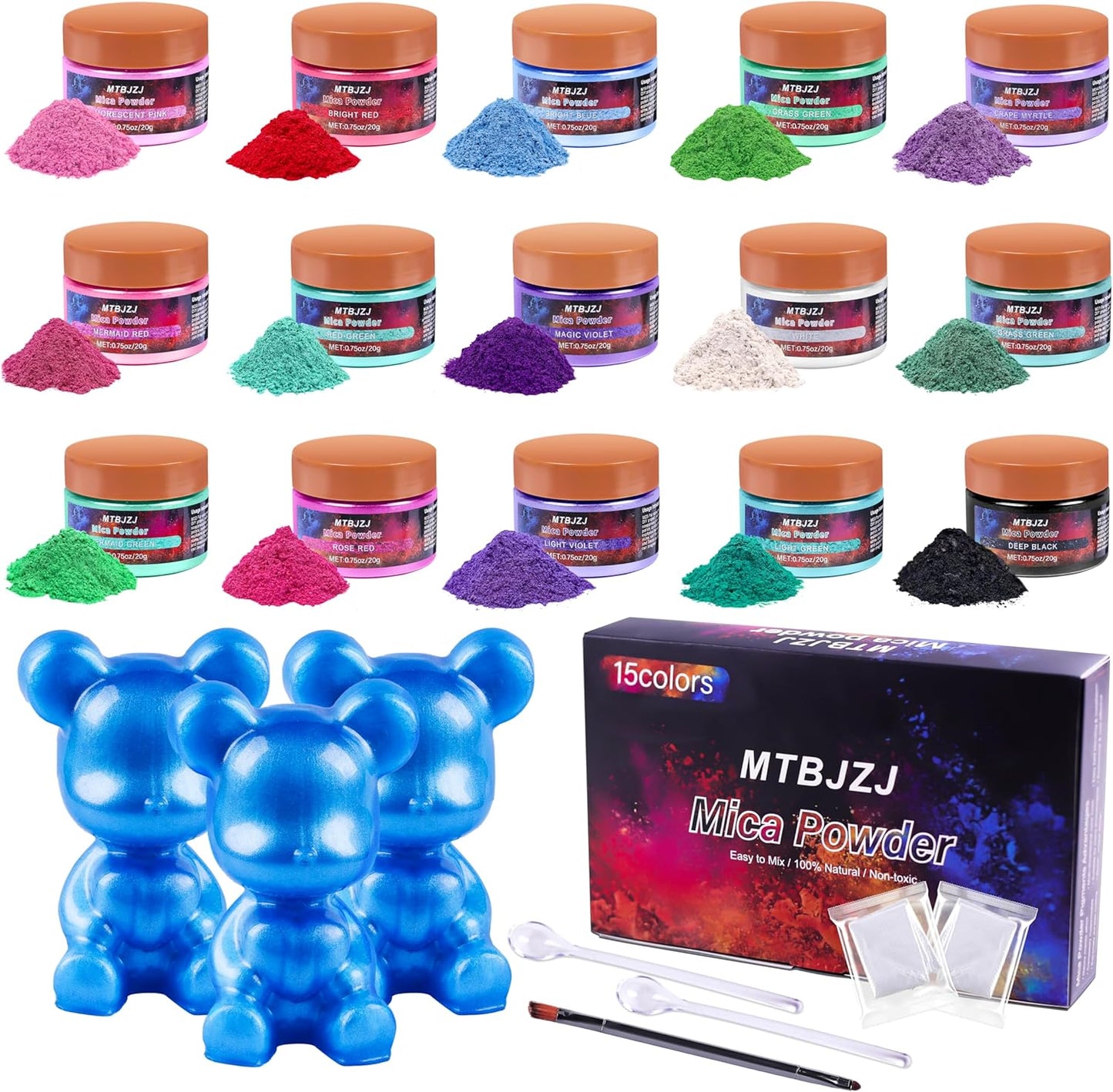 MTBJZJ Mica Powder for Resin, 15 Colors - 20g/Bottle of Epoxy Resin Color Pigment,for Candle Dye, Lip Gloss Pigment, Soap Making, Slime Colorant, Paint, Bath Bombs,Nail Polish and Eye Shadow