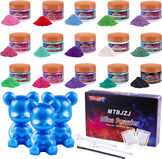 MTBJZJ Mica Powder for Resin, 15 Colors - 20g/Bottle of Epoxy Resin Color Pigment,for Candle Dye, Lip Gloss Pigment, Soap Making, Slime Colorant, Paint, Bath Bombs,Nail Polish and Eye Shadow