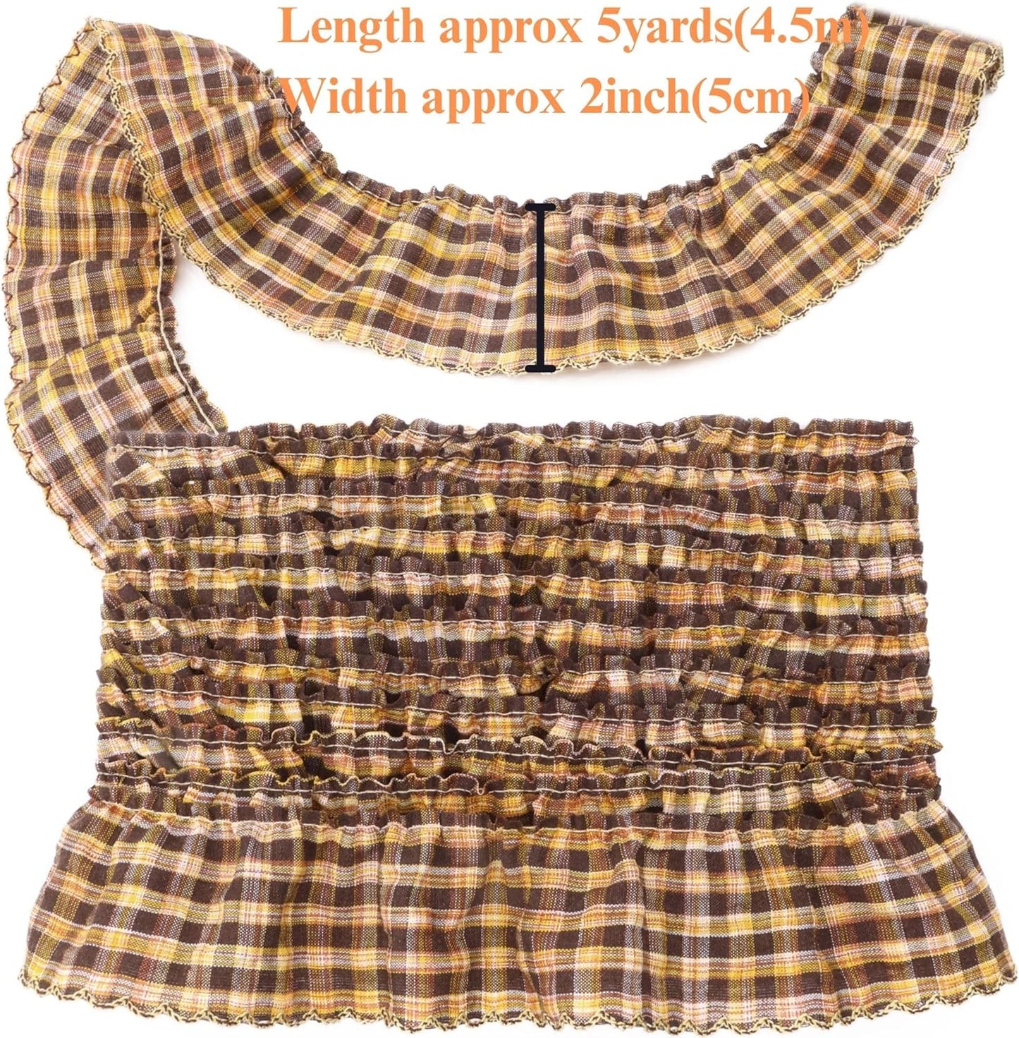 Gingham Ruffle Lace Trim Pleated Lace 5 Yards Gathered Gingham Fabric Edge Ribbon Trim for Dresses, Wedding Gowns, Crafts, Home Decor (Yellow)