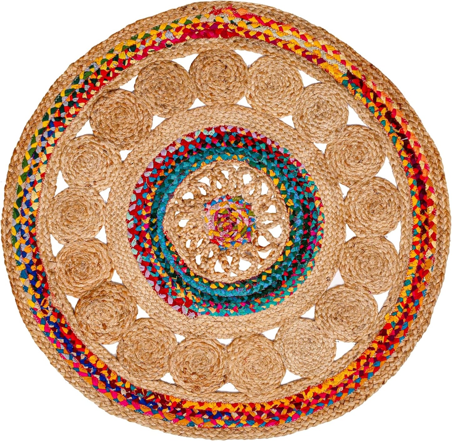 6' Round Handwoven Jute Chindi Area Rug - Colorful Boho Rugs for Living Room - Hand Braided Multicolor Bohemian Rug for Farmhouse, Bedroom, Dining Room, Classroom, Hallway, Kitchen, Office