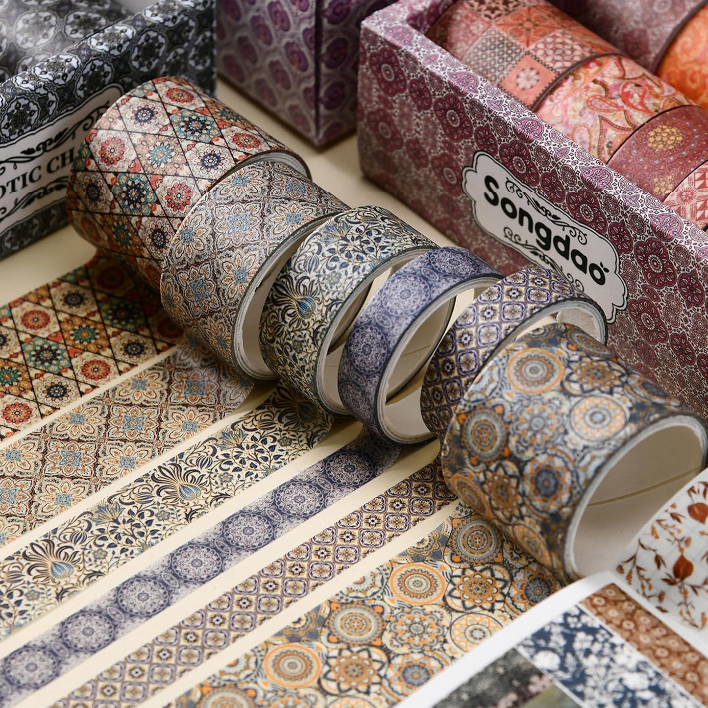 12 Rolls Exotic Charm Washi Tape Set Floral Arts Adhesive Tapes Geometric Garden Decorative Masking Tape Sets for Craft, Kids, Scrapbook, DIY, Gift Wrapping (Azure Serenity)