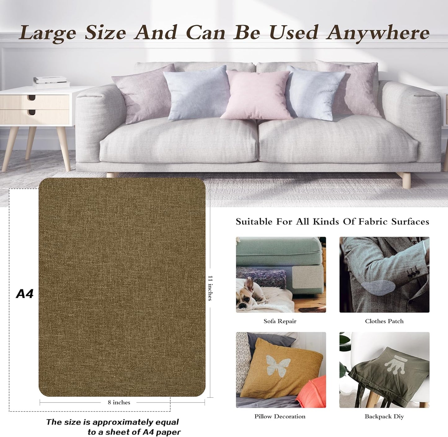 Fine Linen Repair Patches, Self-Adhesive Linen Fabric Patches, 8X11 inch 2 PCS, Multi Color, Can be Used for Linen Sofa Repair and Linen Clothes Repair (8" x 11"-2PCS,Brown)