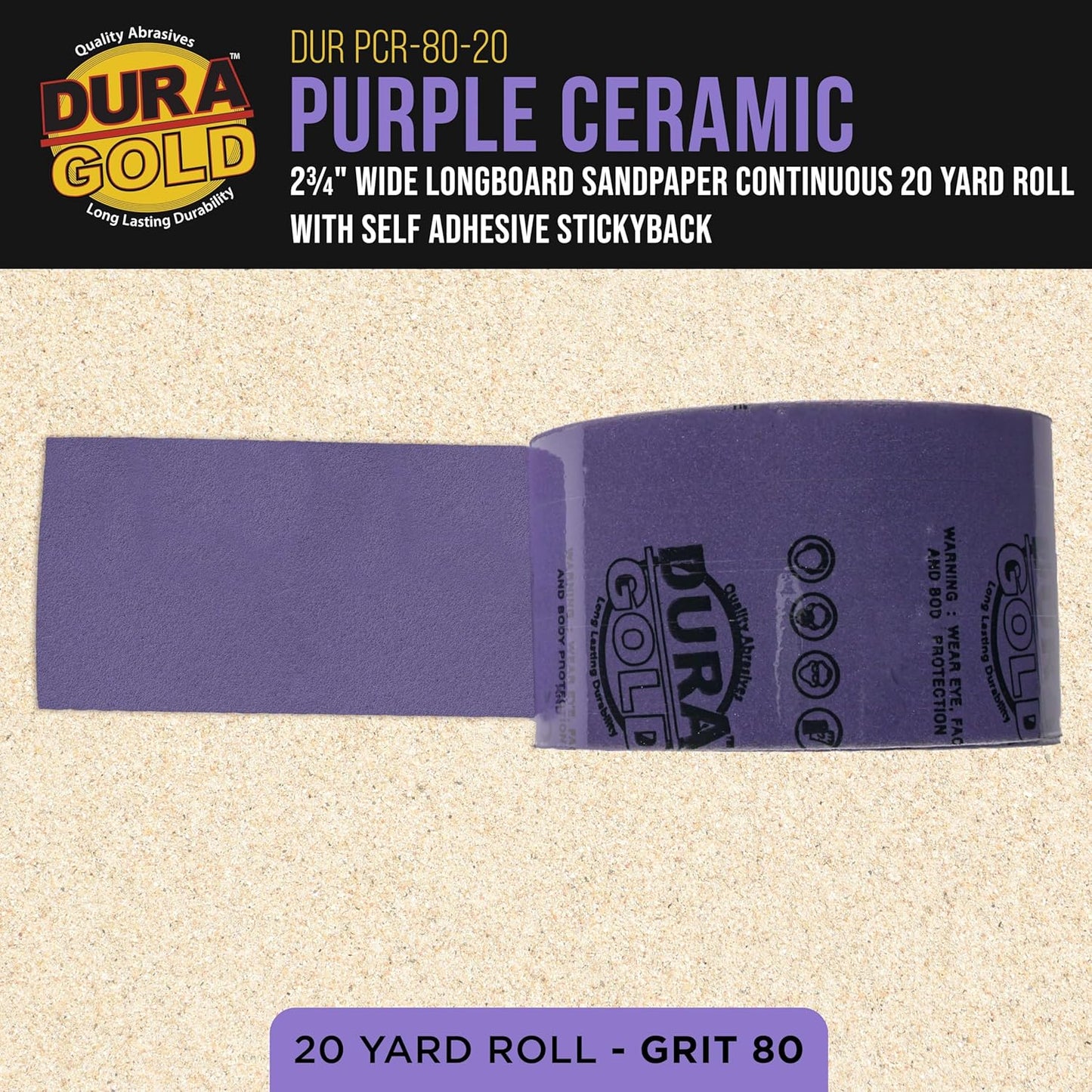 Dura-Gold Premium 80 Grit PSA Purple Film Ceramic Longboard Sandpaper, 2-3/4" Wide Continuous 20 Yard Roll - Self Adhesive Stickyback for Auto & Wood Air File Long Board Sanders, Hand Sanding Blocks