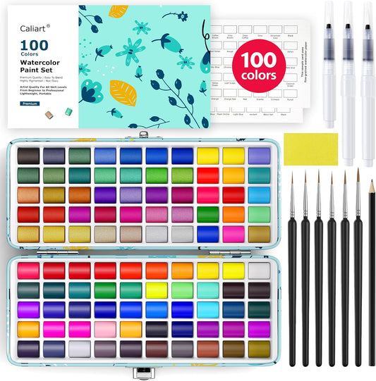 Caliart Watercolor Paint Set, 100 Colors Portable Travel Water Color Palette Kit with Detail Painting Brush, Art Supplies Christmas Gifts for Artists Adults Painters Beginners