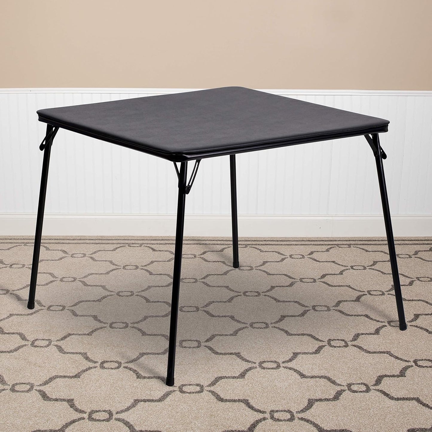 EMMA + OLIVER 33.5" Square Multipurpose Folding Card Table for 4 Players, Portable Square Folding Table with Padded Vinyl Top, Black