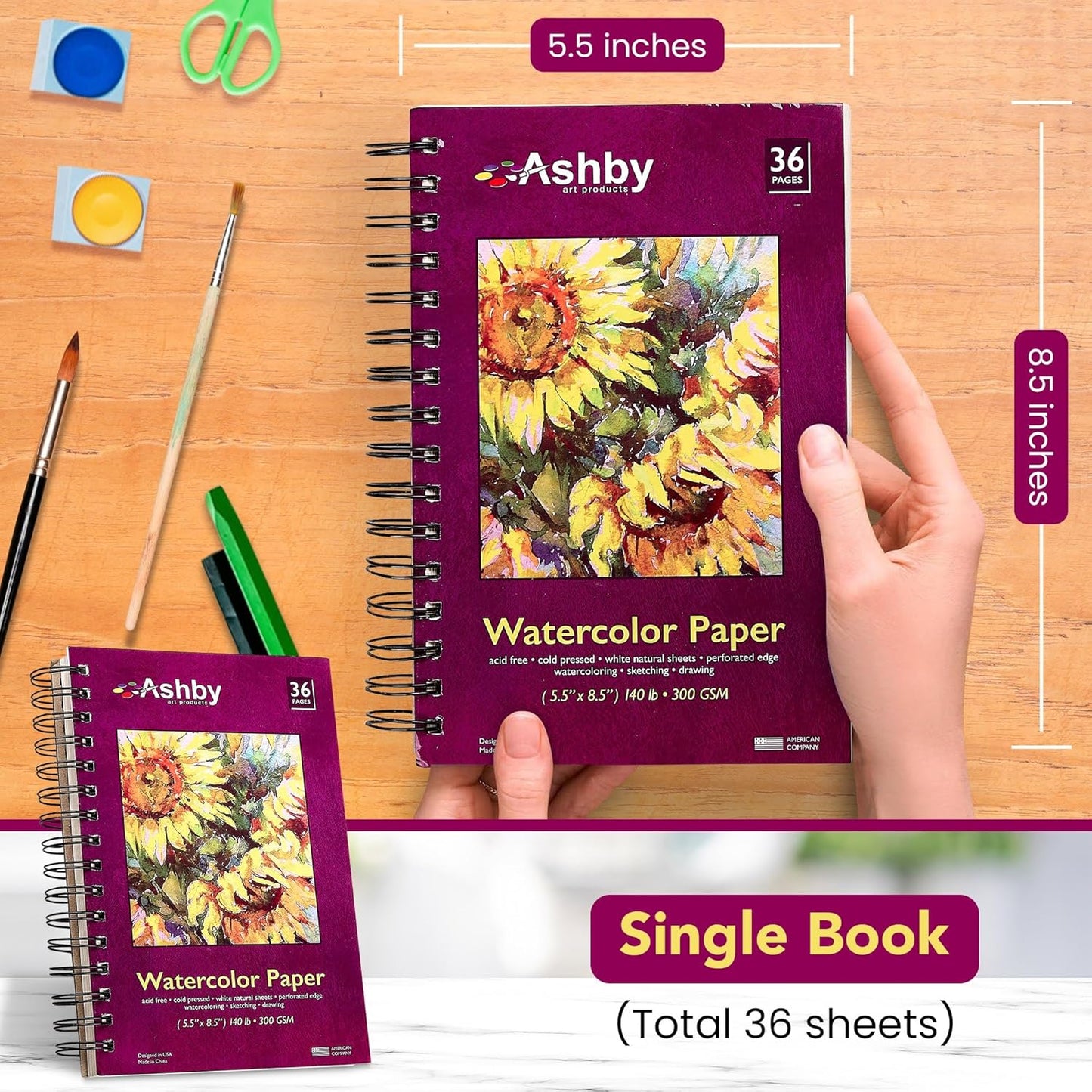Ashby - 36 Sheets of Premium Watercolor Paper - 140lb / 300 GSM (5.5"x 8.5") - Spiral Bound, Acid-Free, Cold Press, Ideal for Most Wet & Dry Media, Artists & Students