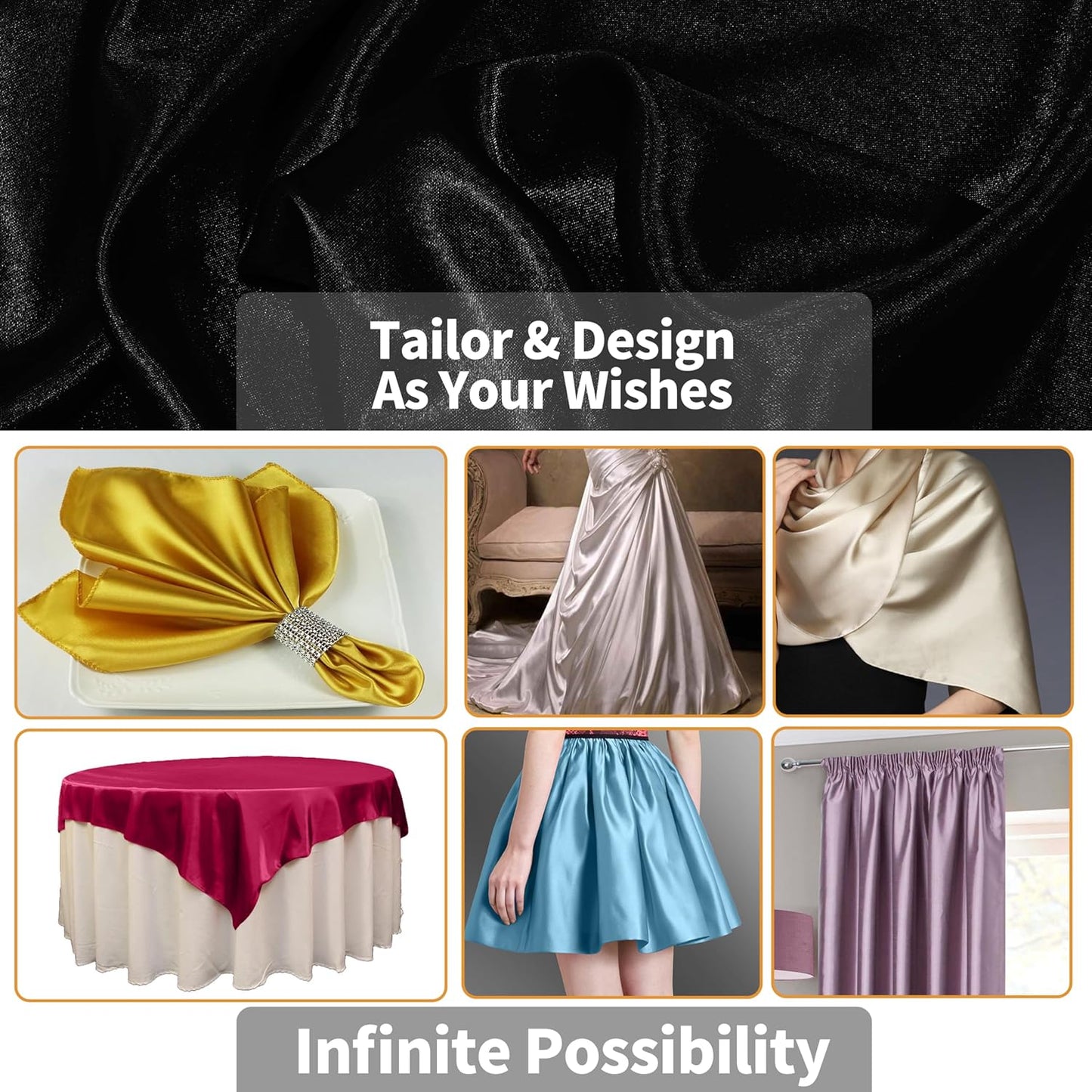 RUDONG M Black Satin Fabric by The Yard, 1 Yard x 60 Inch Wide Silky Charmeuse Satin Fabric, Soft Satin Fabric for Wedding Decorations, Bridal Dress, Sewing, Accessories, DIY Crafts