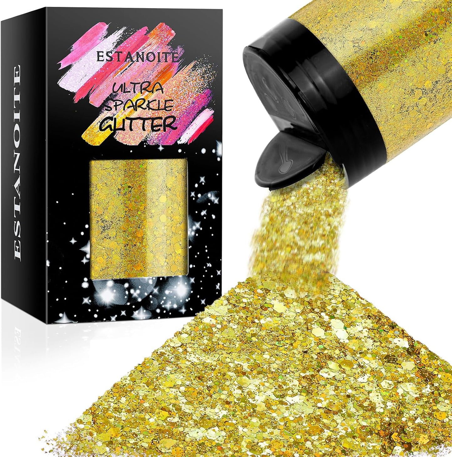 Estanoite Holographic Chunky Glitter, 160G/5.64OZ Craft Glitter for Resin, Metallic Iridescent Chunky Glitter Sequin Flake, Cosmetic Glitter for Makeup Body Nail Face Eye, Glitter Tumbler (Gold)
