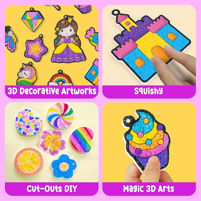 AGENTLAN Magic Puff Kit for Kids, 3D Art Kit with Unicorn & Princess, Craft Stuff for Kids, Foam Texture Paint Set, Easy DIY Crafts Gift for Girls & Boys Ages 4, 5, 6, 7, 8, 9