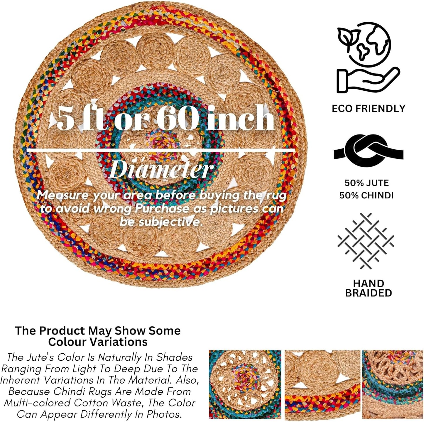 5' Round Handwoven Jute Chindi Area Rug - Colorful Boho Rugs for Living Room - Hand Braided Multicolor Bohemian Rug for Farmhouse, Bedroom, Dining Room, Classroom, Hallway, Kitchen, Office