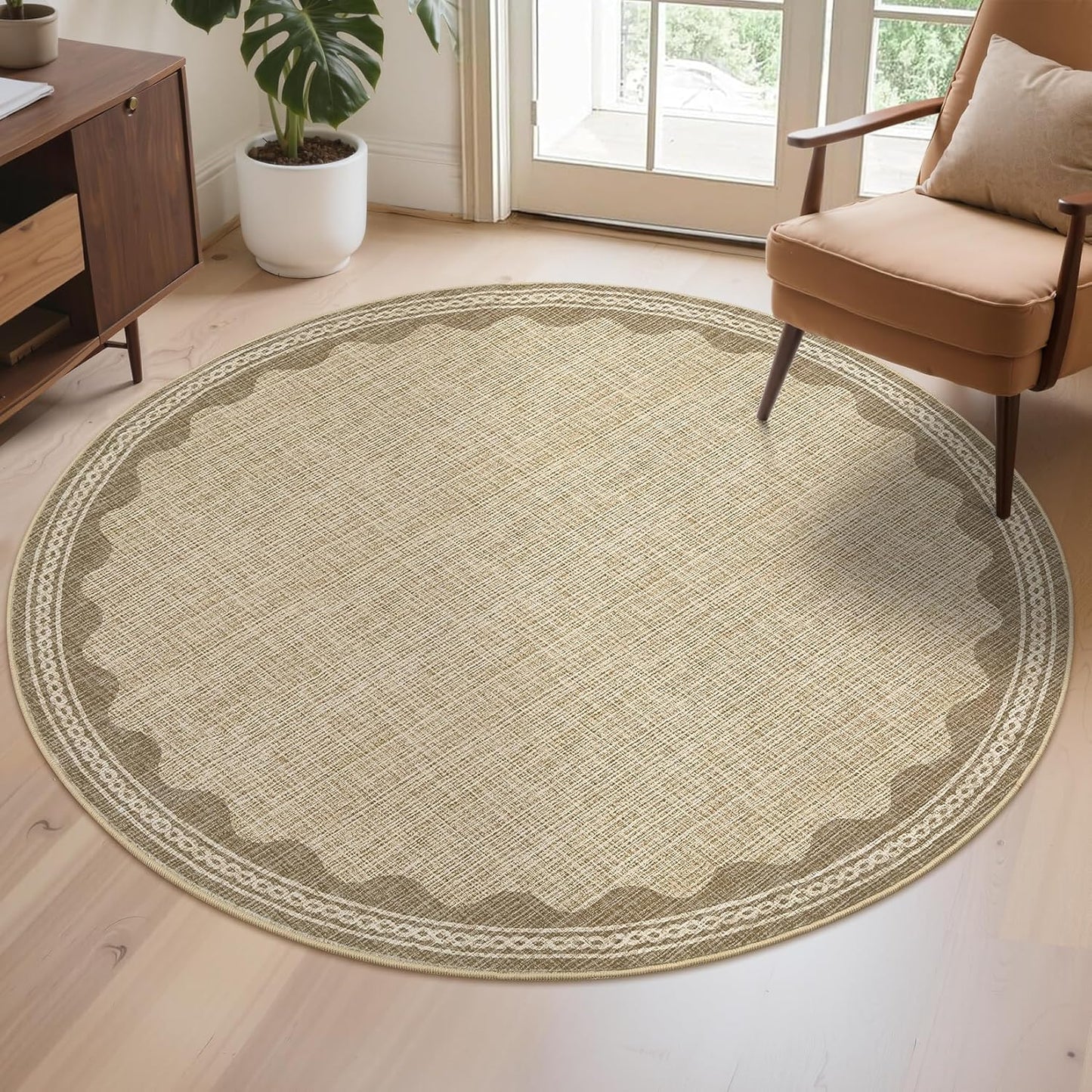 Scalloped Round Rug 4ft, Small Area Rugs Solid JuteRug for Bedroom Girls, Washable Rugs for Living Room, Non Slip Scalloped Round Bath Mat, Soft Dorm Nursery Carpet for Bedside