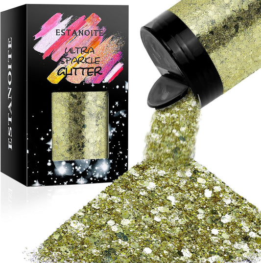 Chunky Glitter, 160G/5.64OZ Craft Glitter for Epoxy Resin, Mixed Fine Glitter & Chunky Glitter, Metallic Chunky Glitter for Hair, Nail Arts, Body, Bulk Glitter for DIY Tumbler Painting (Honey Gold)