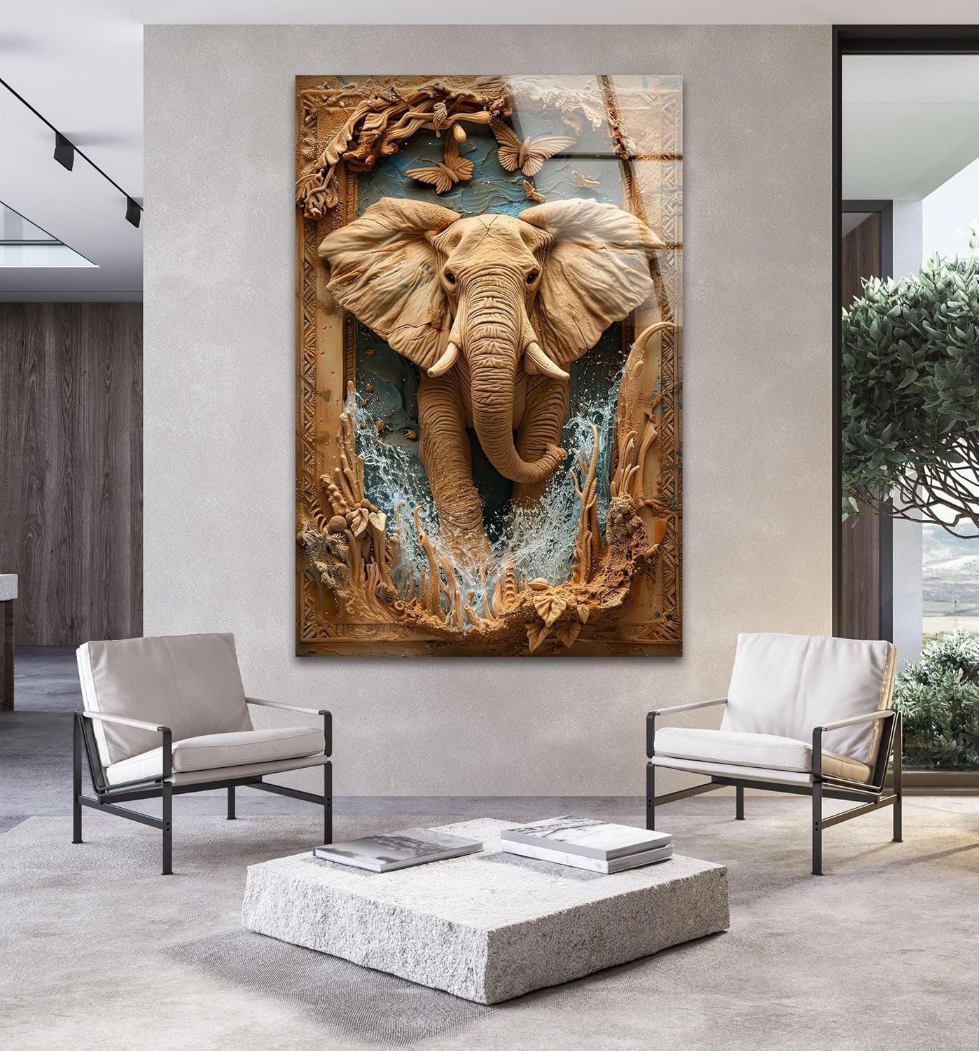 My Photostation.com 32Wx48H'' Elephant Carving Glass Wall Art Tempered Glass Printing Wall Decor Large Wall Art Wall Hangings