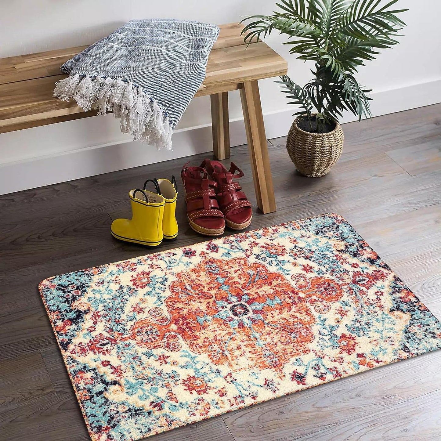 Lahome Bohemian Floral Medallion Area Rug - 2x3 Oriental Distressed Small Bath Rug Country Vintage Doormat Faux Wool Non-Slip Washable Low-Pile Carpet for Bathroom Kitchen Laundry Room Decor