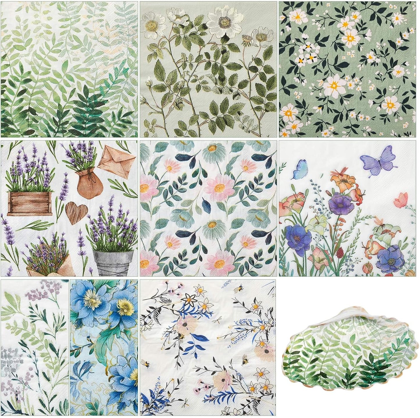 Crtiin 36 Pack 9 Styles Decoupage Napkins Assorted Floral Decorative Decoupage Napkins Chinoiserie Cocktail Paper for DIY Crafting Birthday Party, Each Unfolded 13 Inch(Fresh Plants)