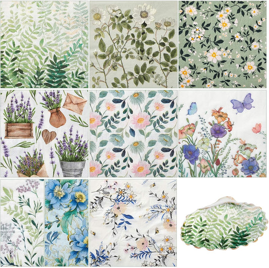 Crtiin 36 Pack 9 Styles Decoupage Napkins Assorted Floral Decorative Decoupage Napkins Chinoiserie Cocktail Paper for DIY Crafting Birthday Party, Each Unfolded 13 Inch(Fresh Plants)