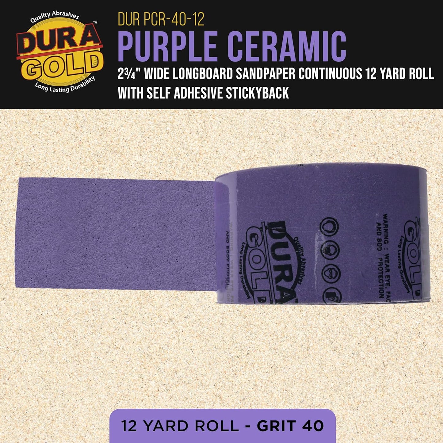 Dura-Gold Premium 40 Grit PSA Purple Film Ceramic Longboard Sandpaper, 2-3/4" Wide Continuous 12 Yard Roll - Self Adhesive Stickyback for Auto & Wood Air File Long Board Sanders, Hand Sanding Blocks