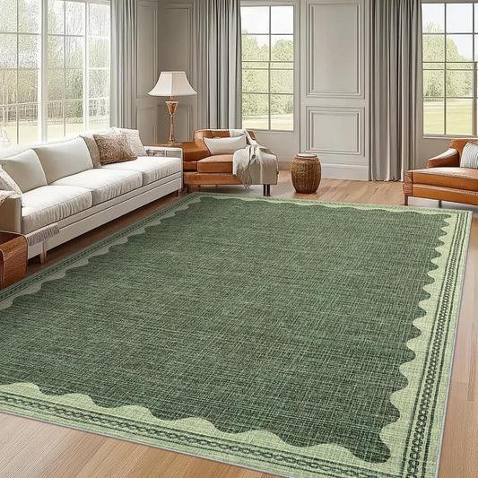 Scalloped Washable Rug 8x10 Area Rugs for Living Room, Solid Green Rug for Bedroom Girls, Non Slip Throw Carpet with Rubber Back, Soft Dorm Nursery 8x10 Rugs for Dining Room