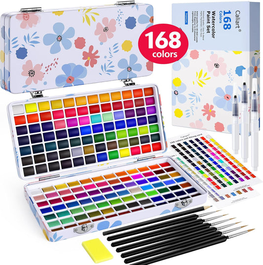Caliart Watercolor Paint Set, 168 Colors Portable Travel Water Color Palette Kit with Detail Painting Brush, Art Supplies Christmas Gifts for Artists Adults Painters Beginners