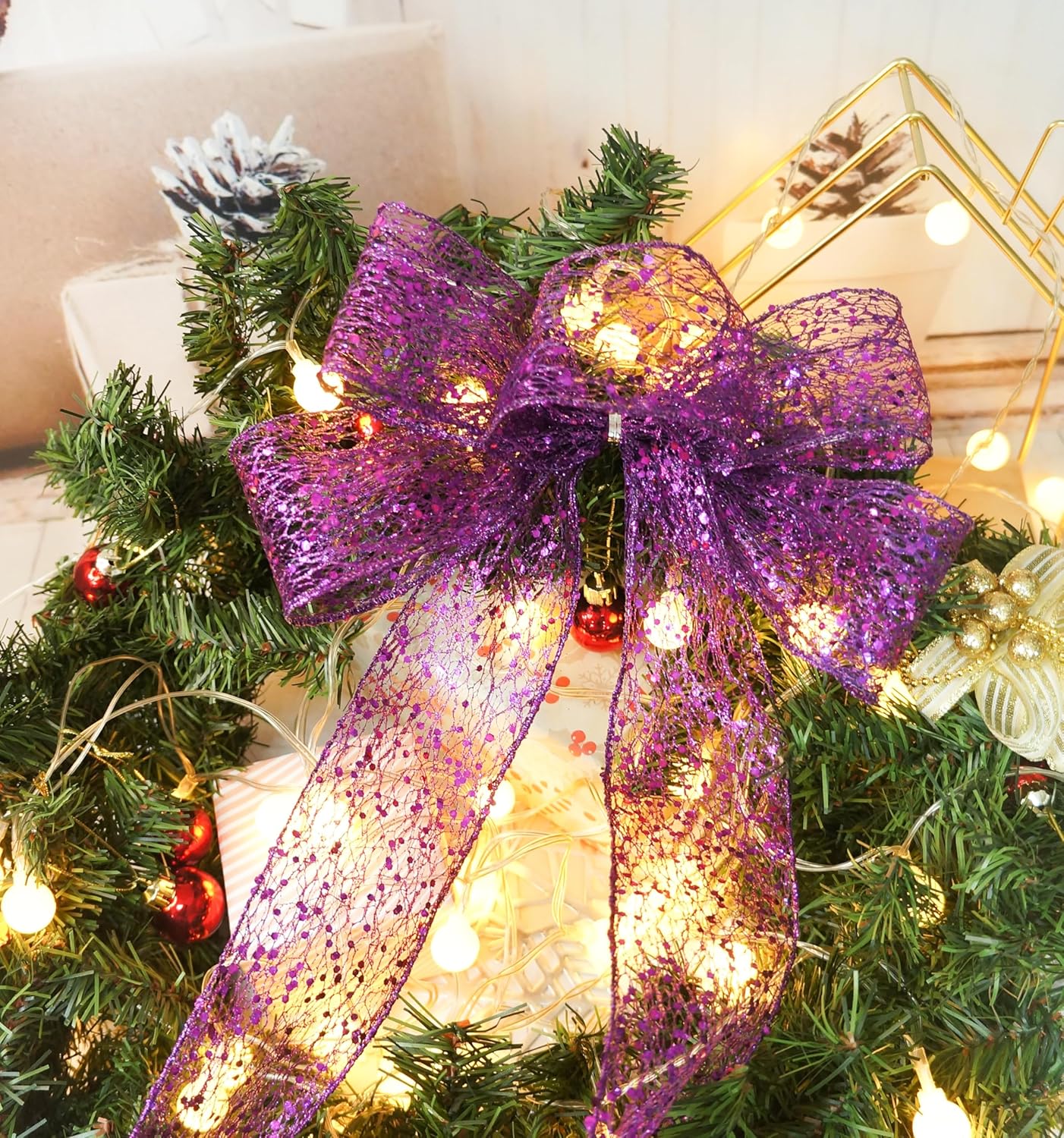 CT CRAFT LLC Sparkling Glitter Mesh Wired Ribbon 2.5" x 20 Yards Purple for Christmas Home Decor Bow Gift Wrapping DIY Crafts Wreath