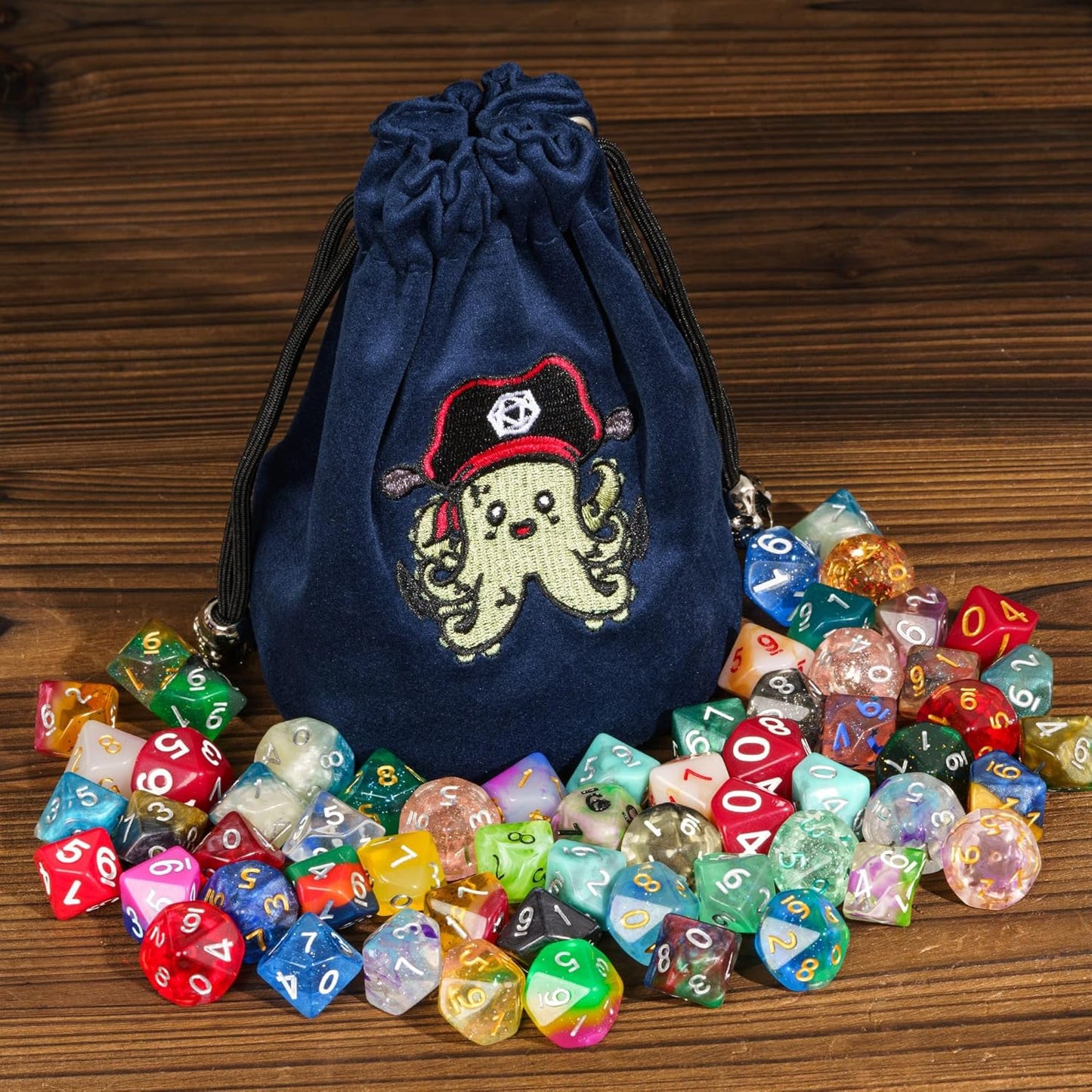Large DND Dice Bag Velvet Storage Bag with Cartoon Octopus Pattern for D&D Role Playing Games Tabletop Games - Capacity 100+ Polyhedral Dice