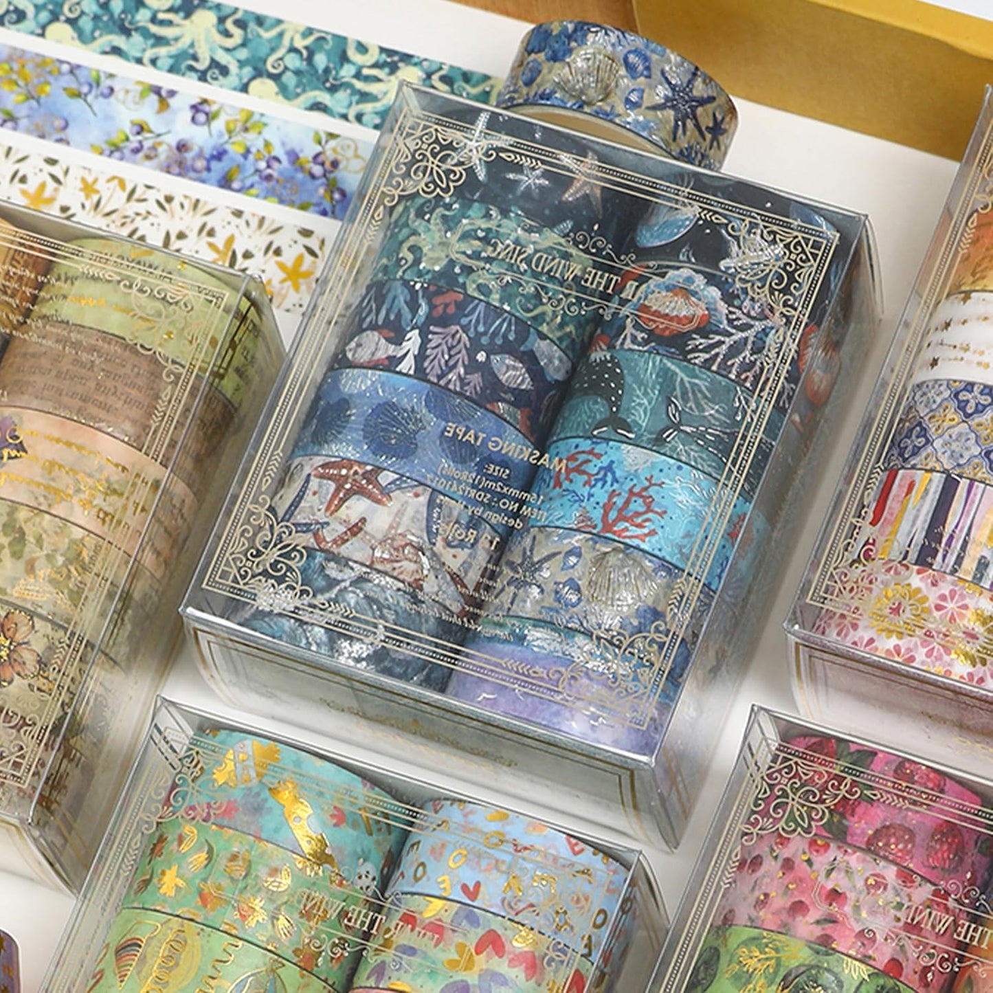 12 Rolls Charming Washi Tape Set Gold Silver Foil Detailing Arts Adhesive Tapes Basic Patterns Decorative Masking Tape Sets for Craft, Kids, Scrapbook, DIY, Gift Wrapping (Oceanic Dreams)