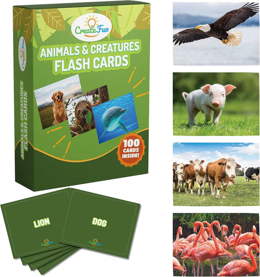 100 Animal, Insect & Ocean Creatures Flash Cards, Realistic Pictures for Fun Learning & Montessori Educational Vocabulary Builder for Preschool Kids, Adults, Schools, Autism, Speech Therapy, ESL, SLP