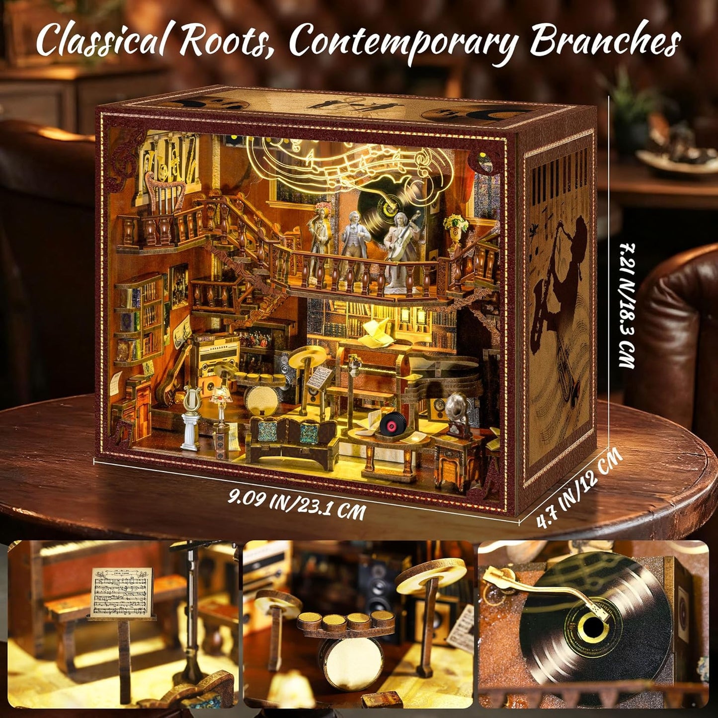 Book Nook Music Kit - DIY Miniature Dollhouse with LED Lights for Adults & Teens, Maestro's Study 3D Wooden Bookshelf Decor, for Family & Friends