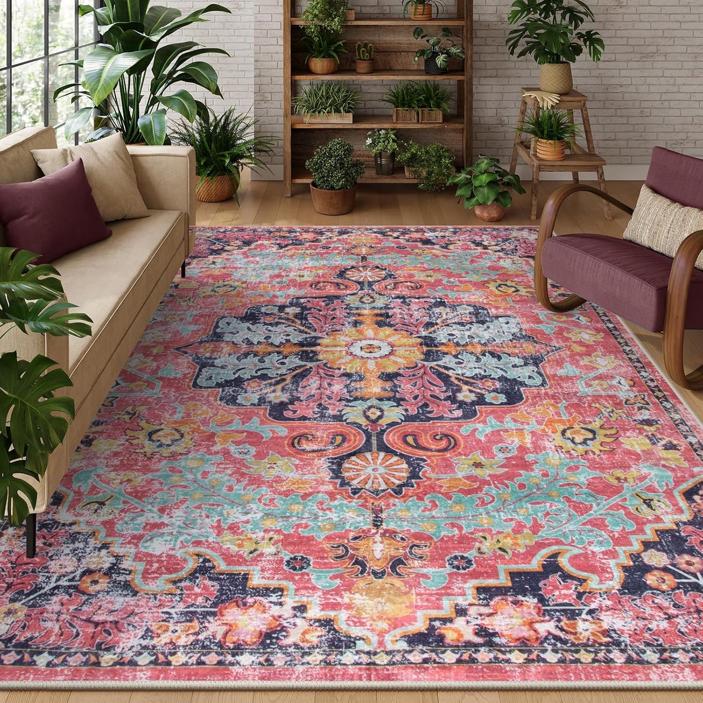Lahome Area Rugs 9x12 Rugs for Living Room,Large Bedroom Dining Room Rug,Boho Vintage Soft Non-Slip Non-Shedding Low Pile Printed Indoor Carpet for Nursery Kids Home Office(9x12ft,Fuchsia)