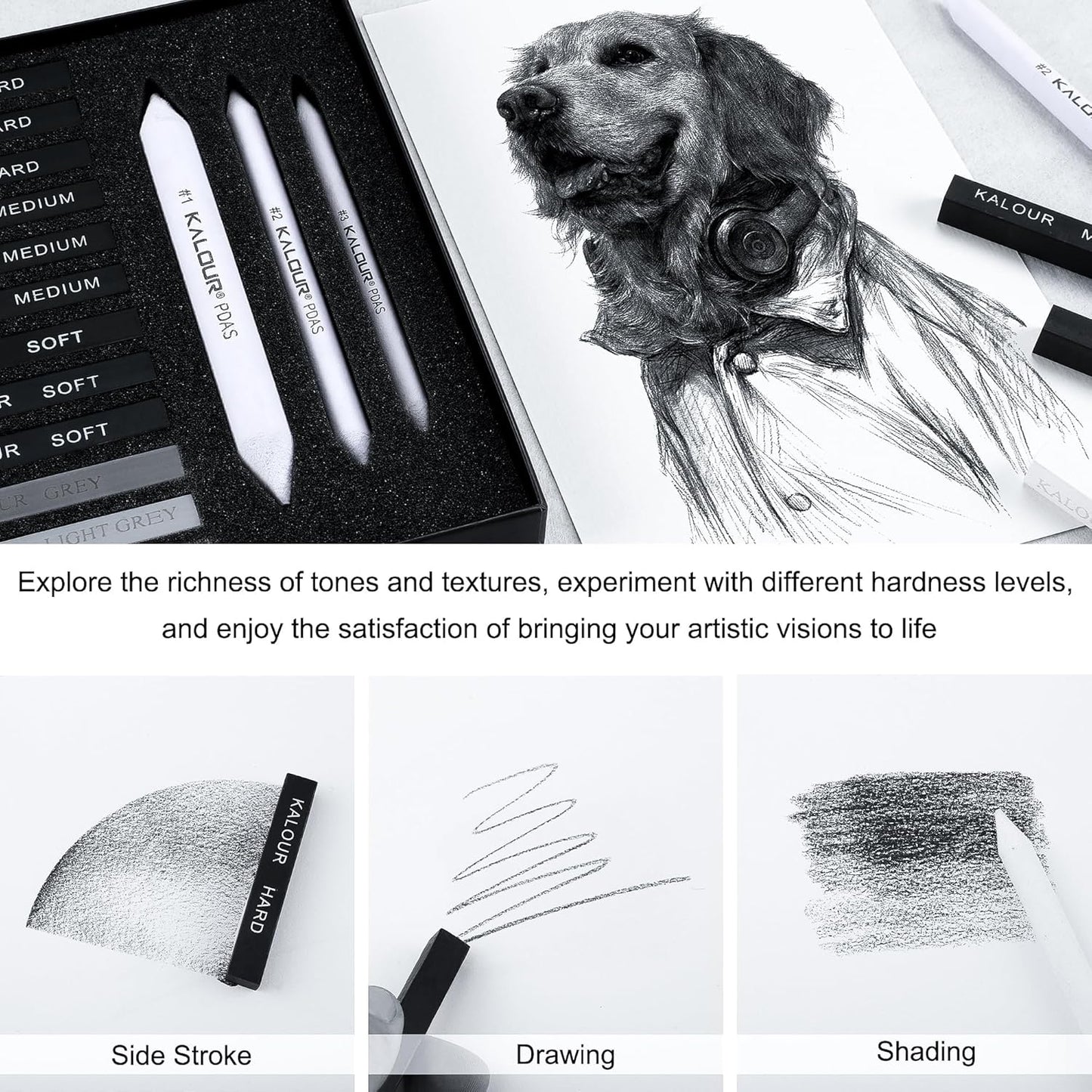 KALOUR 15 Pro Compressed Charcoal Drawing Set with Blending Stumps- Soft,Medium,Hard and White Charcoal - Charcoal Sticks for Drawing Sketching Shading - Art Supplies for Artists Beginners Adults