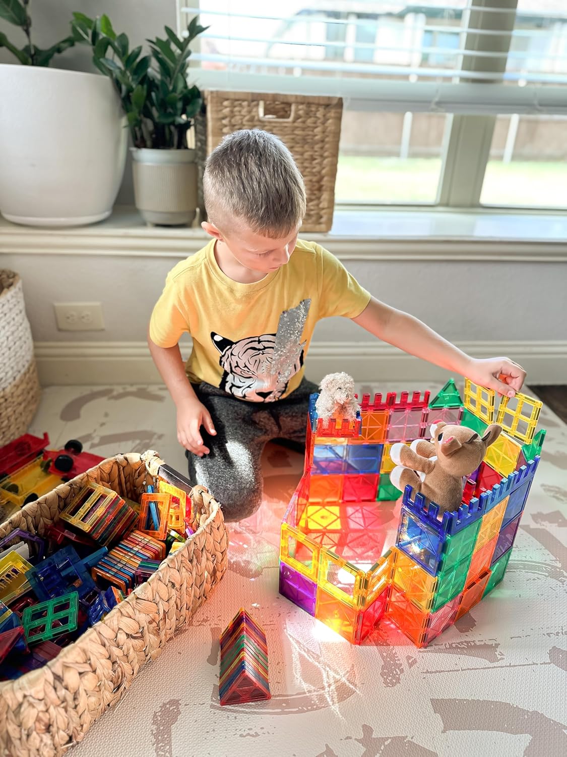 100PCS Magnetic Tiles STEM Building Toys Set with 2 Cars, Sensory Stacking Magnetic Blocks for Toddlers & Kids, Ideal for Preschool Montessori Toys Christmas Birthday Gifts for Boys & Girls Ages 3+