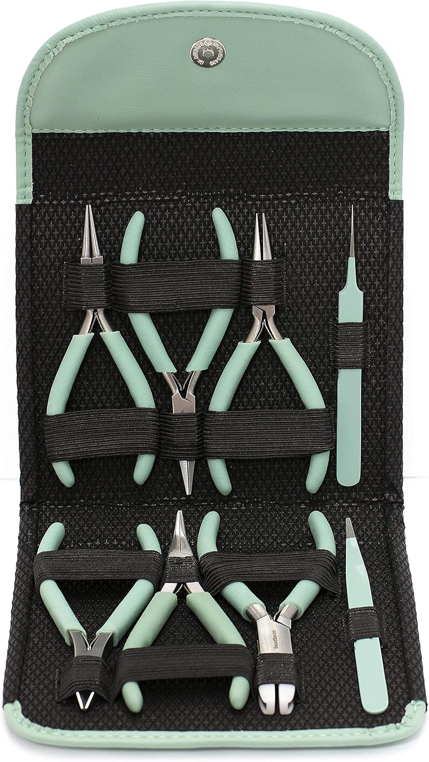 The Beadsmith Fashion Color Pliers – Set of 8 Slimline Color-Coordinated Tools – Matching Clutch in Aqua – Jewelry Making Supply Kit to Create Necklaces, Bracelets, Earrings & More