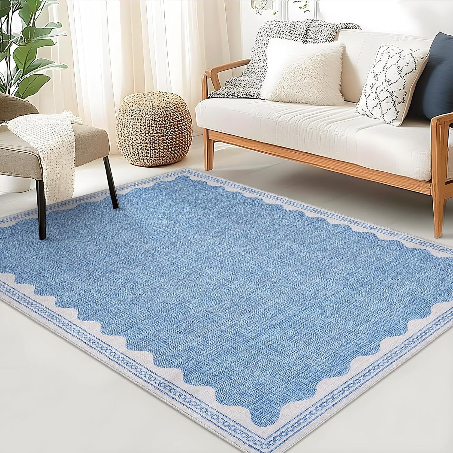 Scalloped 3x5 Rugs for Entryway, Small Area Rug Solid Blue Rug for Bedroom Girls, 3x5 Washable Rugs for Living Room, Non Slip Scalloped Bath Mat, Soft Dorm Nursery Carpet for Bedside