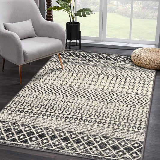 Moroccan Large Area Rug 5x7, Washable Non-Slip Black Distressed Tribal Living Room Rug, Soft Low-Pile Dining Room Rug Traditional Farmhouse Carpet for Bedroom Dorm Office Home Decor