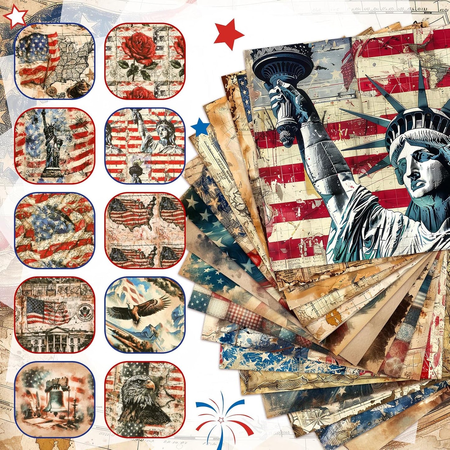 Ganeen 60 Pcs 10 x 10 Inch Vintage Patriotic Quilting Fabric Squares American Flag Fabric Bundle Retro 4th of July Fat Patchwork Precut Stripes for Memorial Day Handmade Material Sewing DIY Crafts