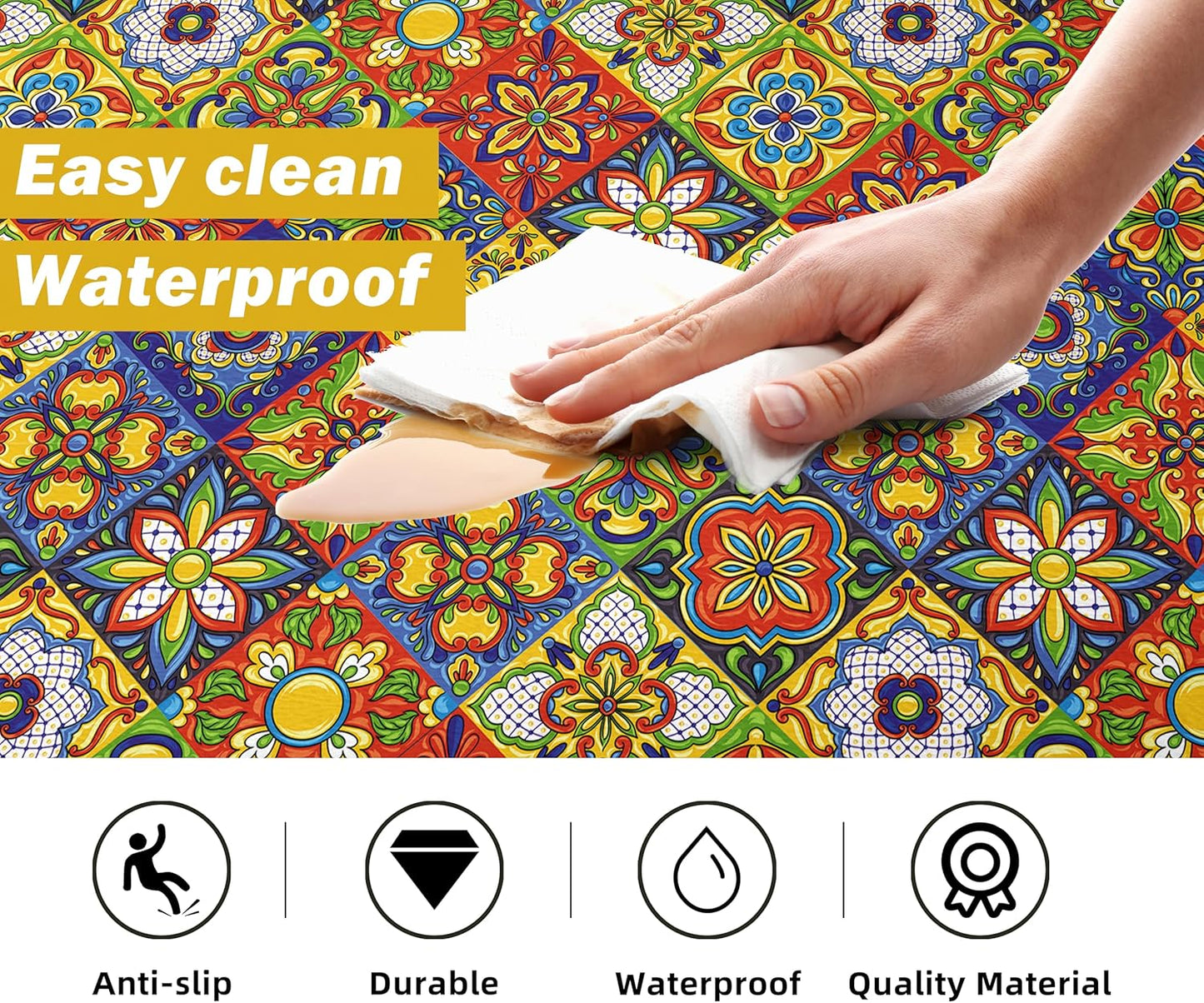 Boho Kitchen Rugs Set 2 Memory Foam Colorful Ceramic Comfort Tile Floor Mat Anti Fatigue Non-Skid PVC Runner Rug Water & Oil Proof Carpet for Kitchen Laundry Sink,17.3x28+17.3x47 Inch, C4