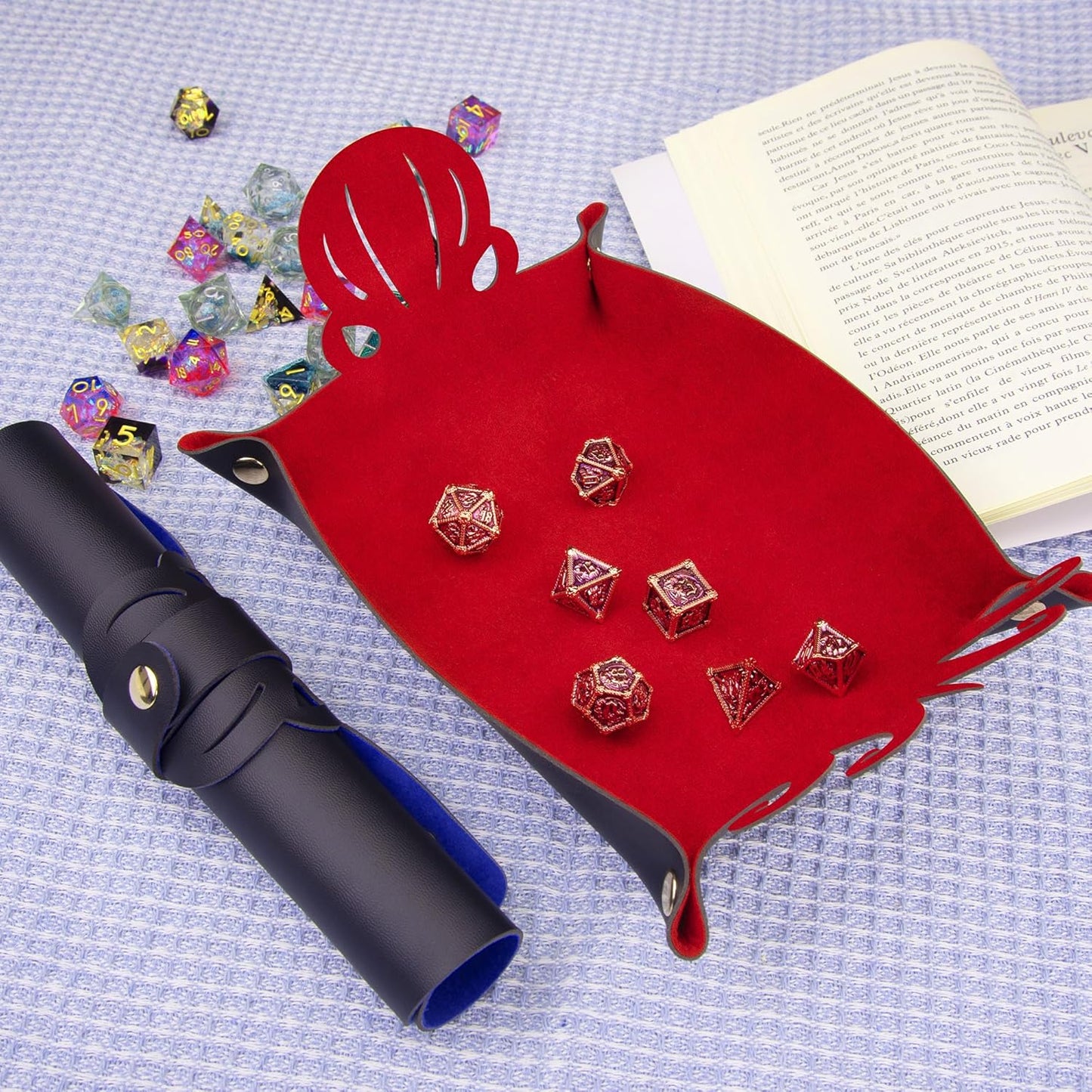 SIQUK 2 Pieces Octopus Dice Rolling Tray PU Leather Dice Mat Folding Scroll Dices Holder Trays for D&D RPG Games (Blue, Red)
