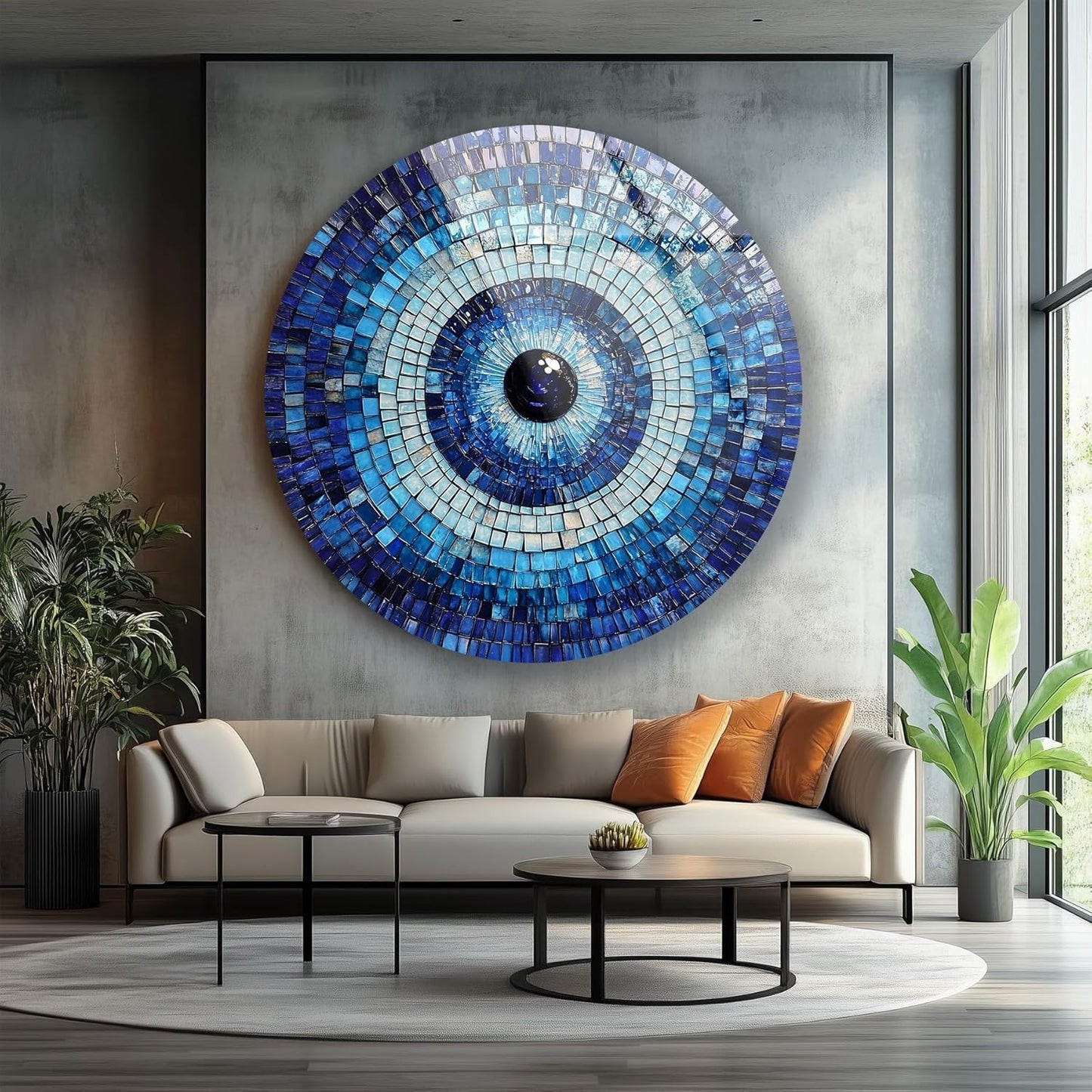 My Photostation.com 31.5''(80cm) Diameter Blue Mosaic Evil Eye Round Glass Wall Art Tempered Glass Printing Wall Decor Large Wall Art Wall Hangings