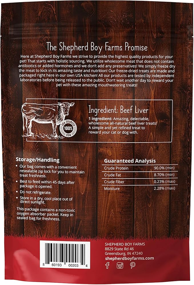 Shepherd Boy Farms Freeze Dried Dog and Cat Treats, Beef Liver, All Natural Single Ingredient Freeze-Dried Dog Treat & Snacks, Made in USA, High Protein, Essential Nutrition of Raw Food, 3oz