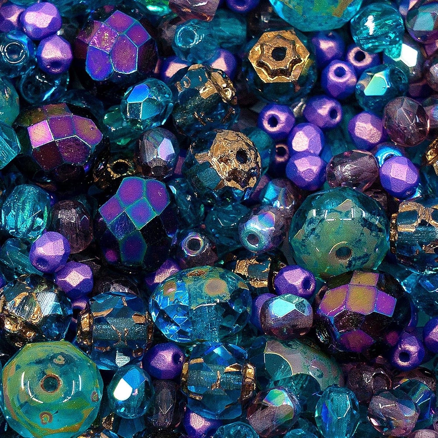 0.88oz of Blue Purple Mix of Czech Faceted Fire Polished Beads (Round, Catherdal, Rondelle)