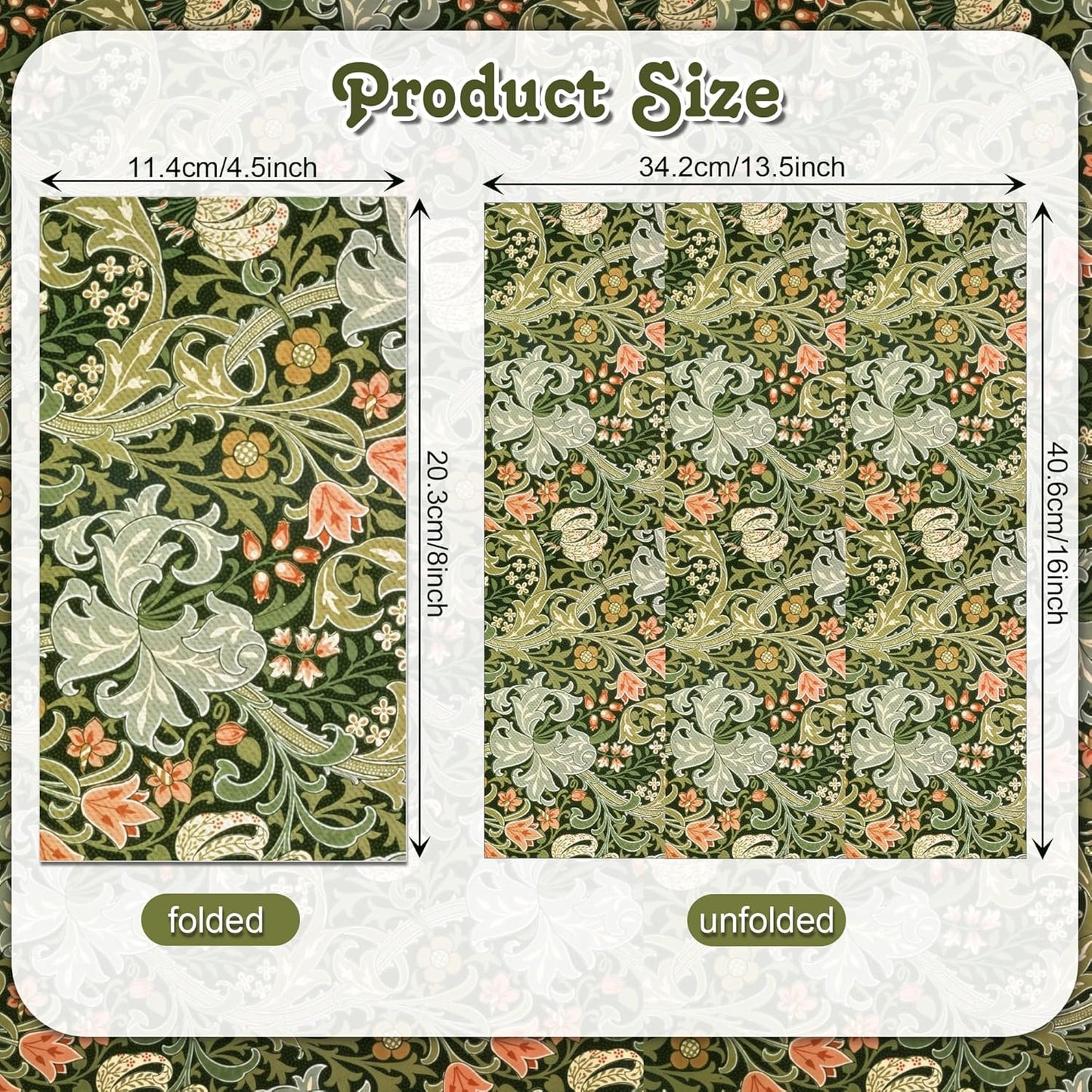 80PCS Vintage Floral Paper Napkins - 4.5x8 Inch Disposable Vintage Floral Guest Napkins, Green Retro Plants Wildflower Lunch Dinner Hand Napkins for Wedding,Tea Garden Party, Party, Bridal Shower