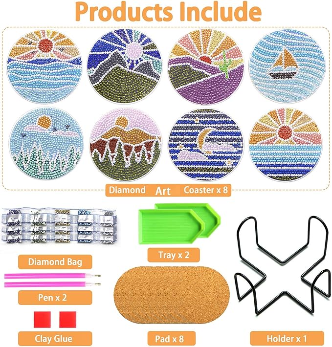 Diamond Art Coasters Kit with Holder, 8 Pcs Diamond Art Coasters for Adults Kids Beginners Crafts Gifts (Sun-Moon)