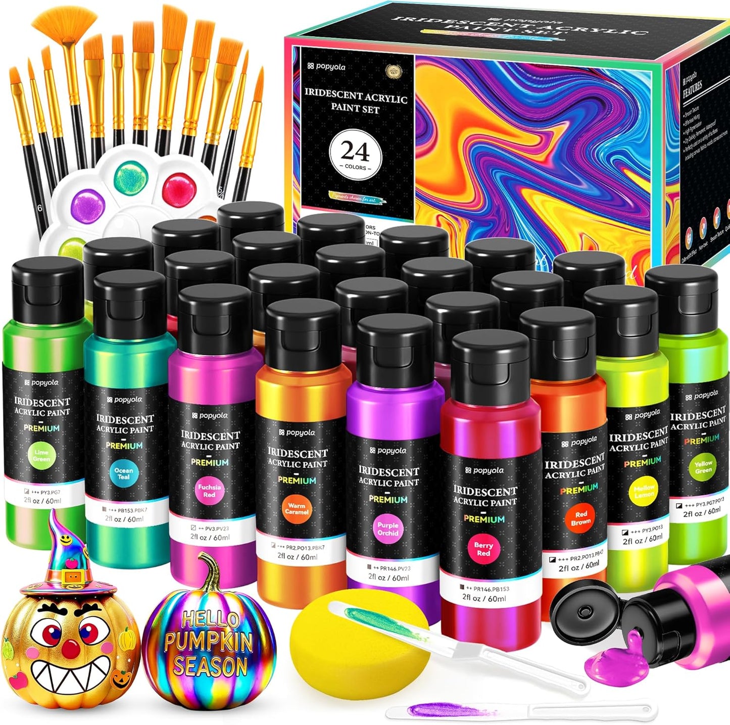 40 PCS Iridescent Acrylic Paint Set with 12 Brushes, 2 Knives & Palette, 24 Colors (2oz/60ml) Art Craft Paint for Adults Kids Artists Beginners, Halloween Pumpkin Canvas Ceramic Rock Painting Kit