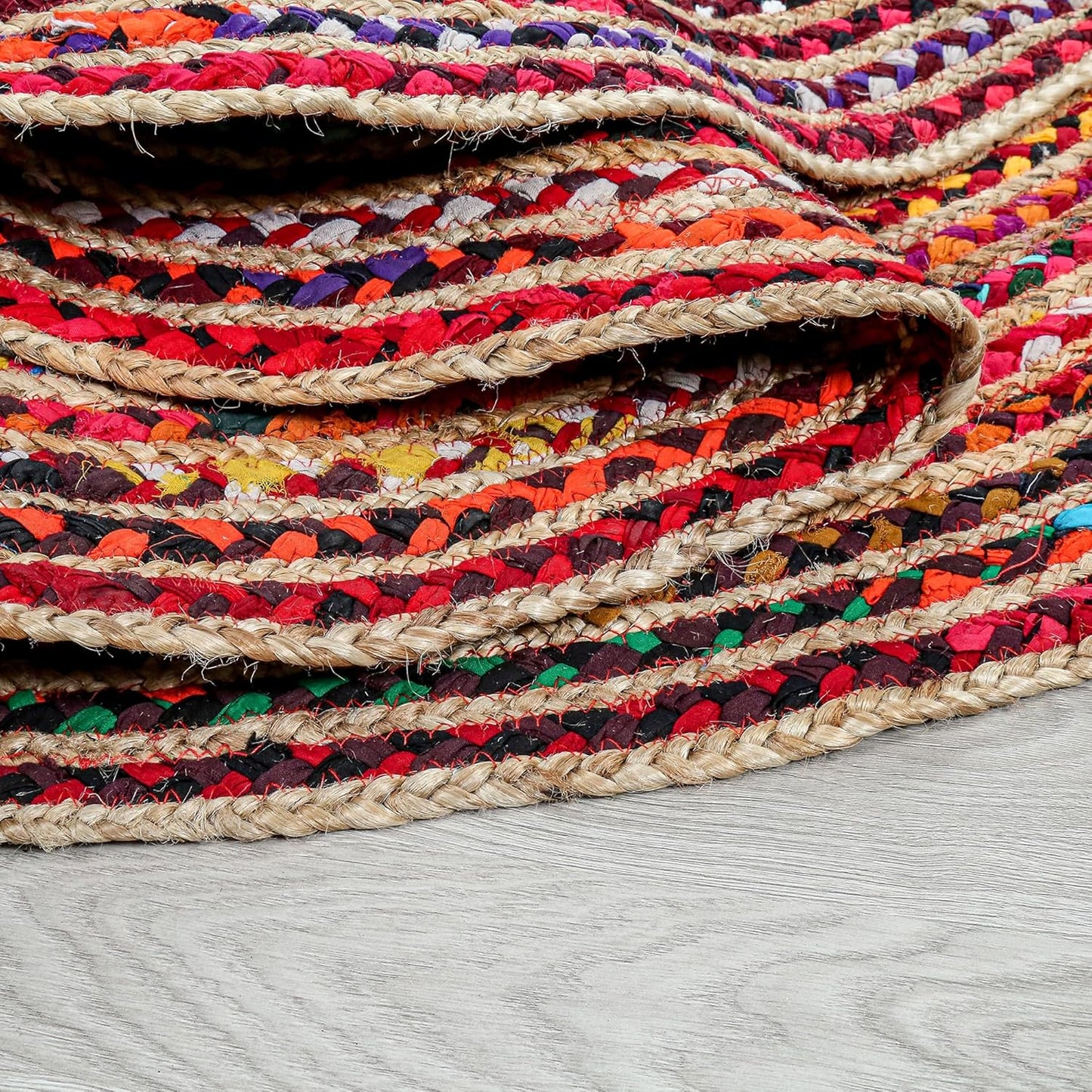 4' Round Handwoven Jute Chindi Area Rug - Colorful Boho Rugs for Living Room - Hand Braided Multicolor Bohemian Rug for Farmhouse, Bedroom, Dining Room, Classroom, Hallway, Kitchen, Office