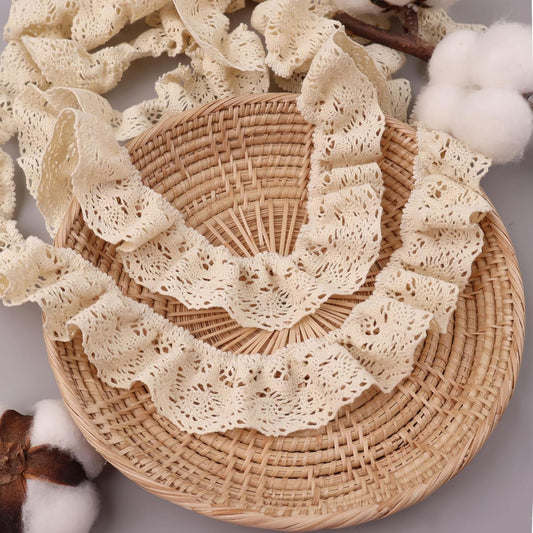 Beige Ruffle Lace Trim 1.6''x3yds Gathered Elastic Lace Ribbon for Sewing Crafts, Apparel Home Decor