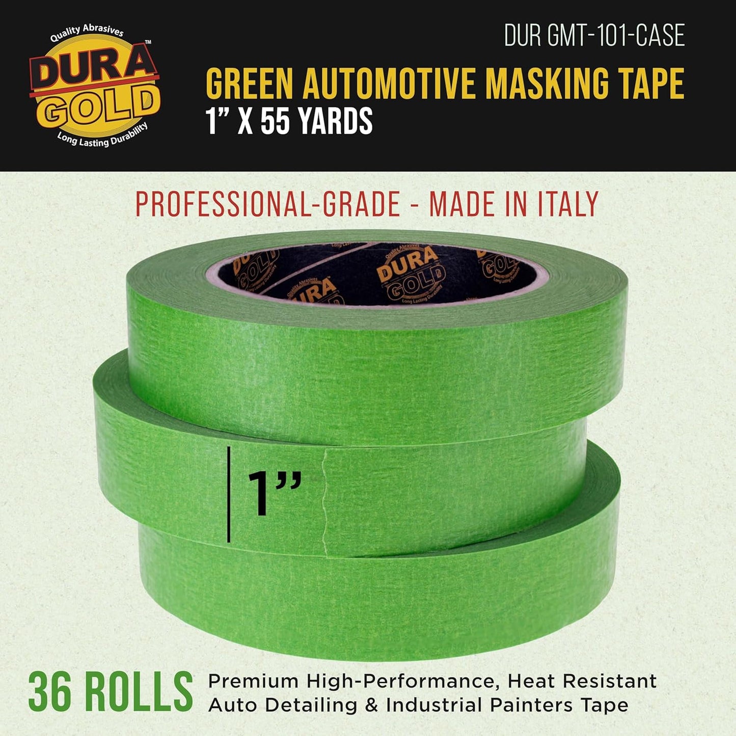 Dura-Gold Green Automotive Masking Tape 1 Inch (24mm x 55 Yards), Case of 36 Rolls - Premium High-Performance, Heat Resistant - Auto Refinish Painting, Car Detailing, Autobody, Painters Tape